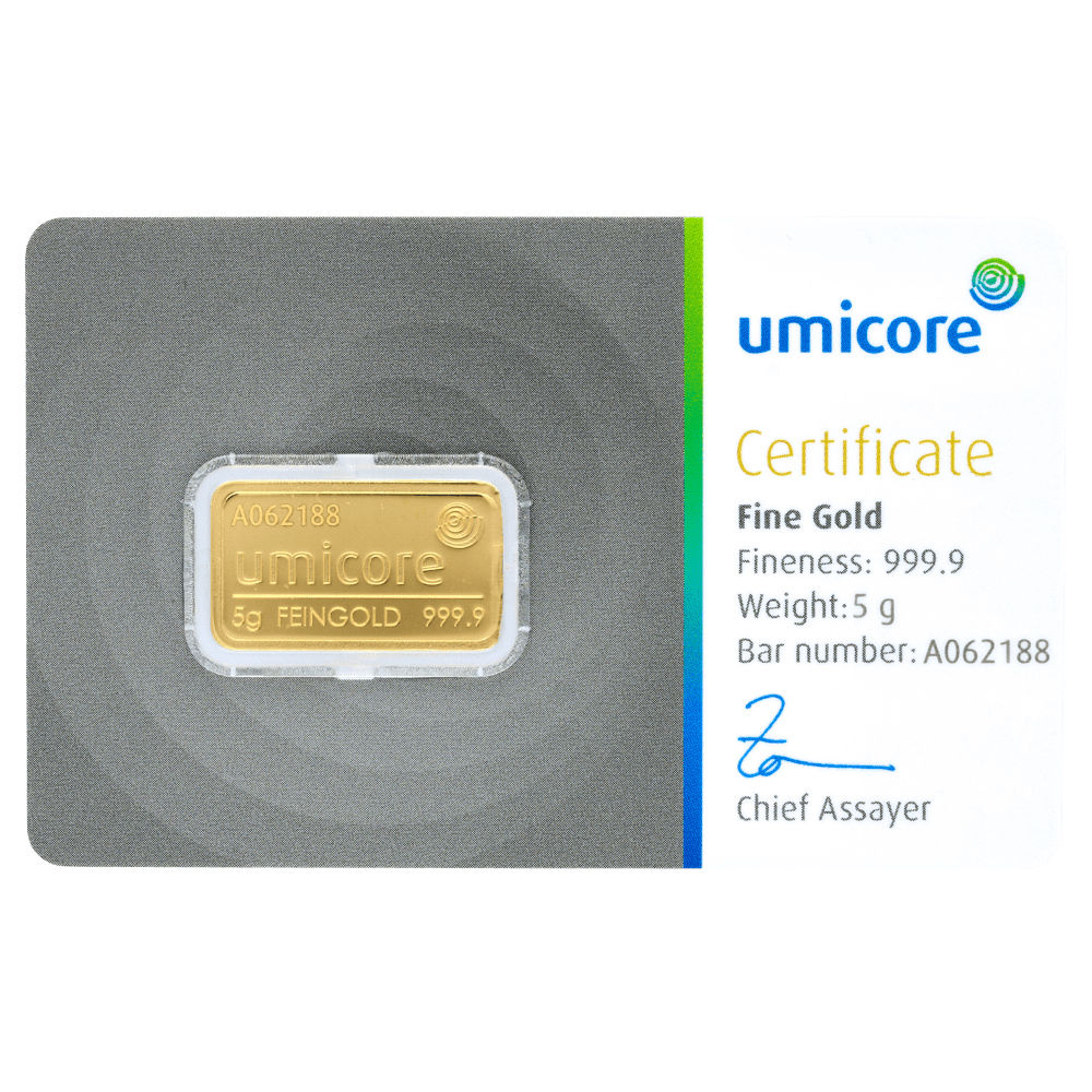 Goudbaar Umicore 5 gram met certificaat