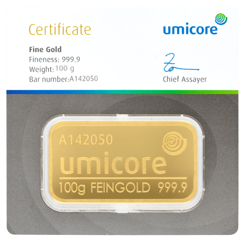 Goudbaar Umicore 100 gram met certificaat