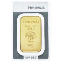 Goudbaar Heraeus 50 gram met certificaat